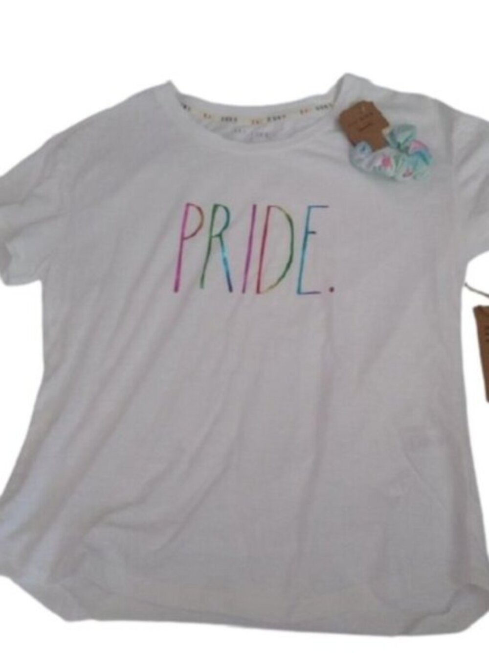 Rae Dunn PRIDE Tee rainbow letters w/ Scrunchie, Medium